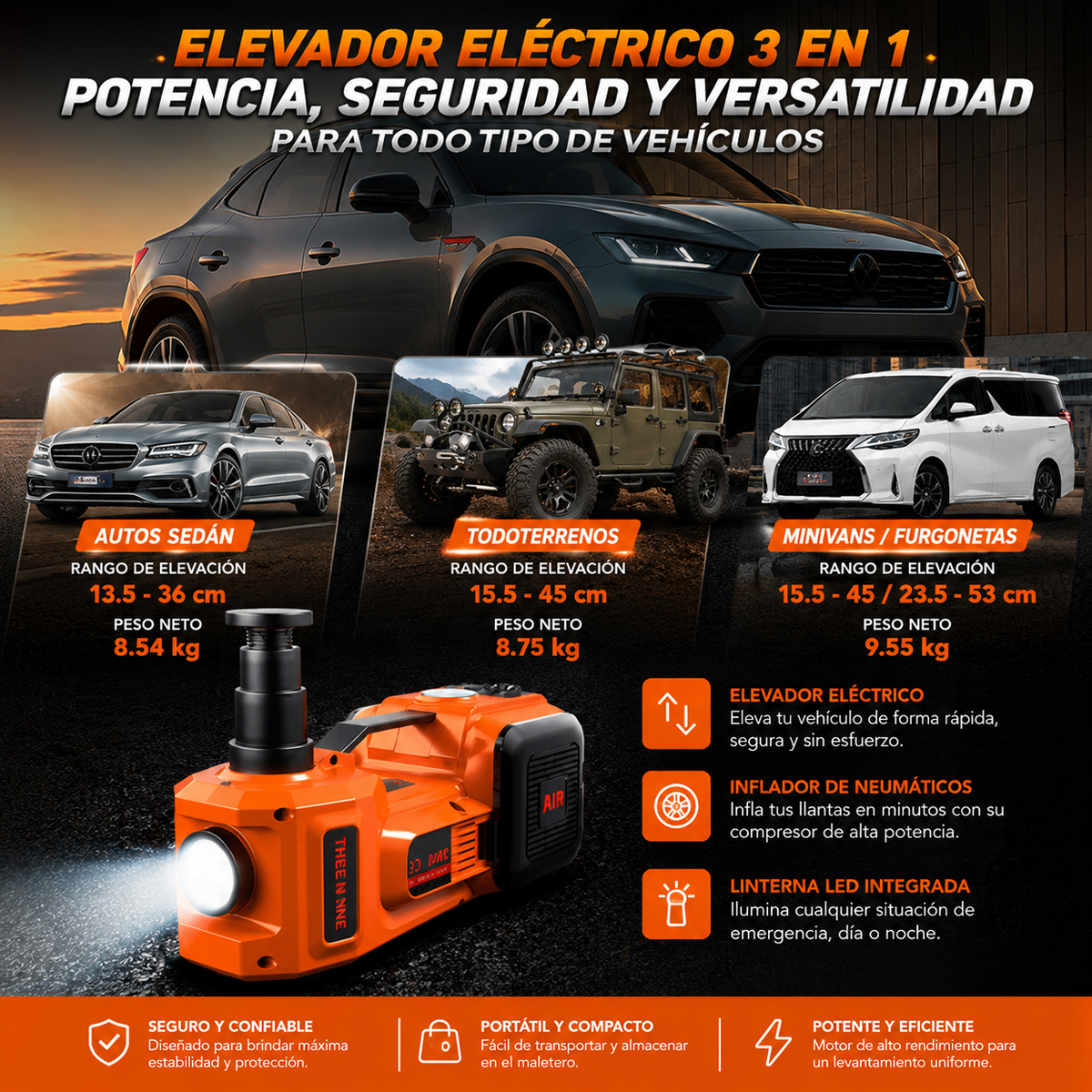 GATA HIDRAULICA 5TN 4 EN 1 COMPRESOR DE AIRE 12V LINTERNA SACA TUERCAS LLANTA - 9