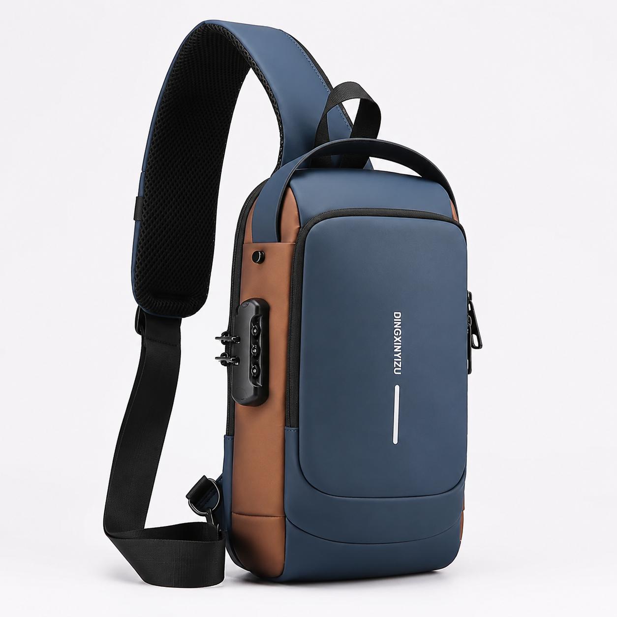 MOCHILA ANTIRROBO CON PUERTO USB AZUL CON MARRON - 1