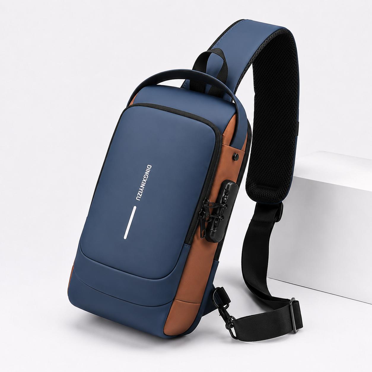 MOCHILA ANTIRROBO CON PUERTO USB AZUL CON MARRON - 2