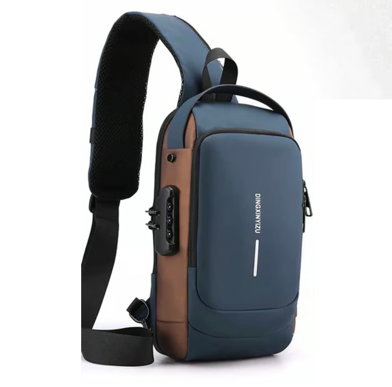 MOCHILA ANTIRROBO CON PUERTO USB AZUL CON MARRON - 3
