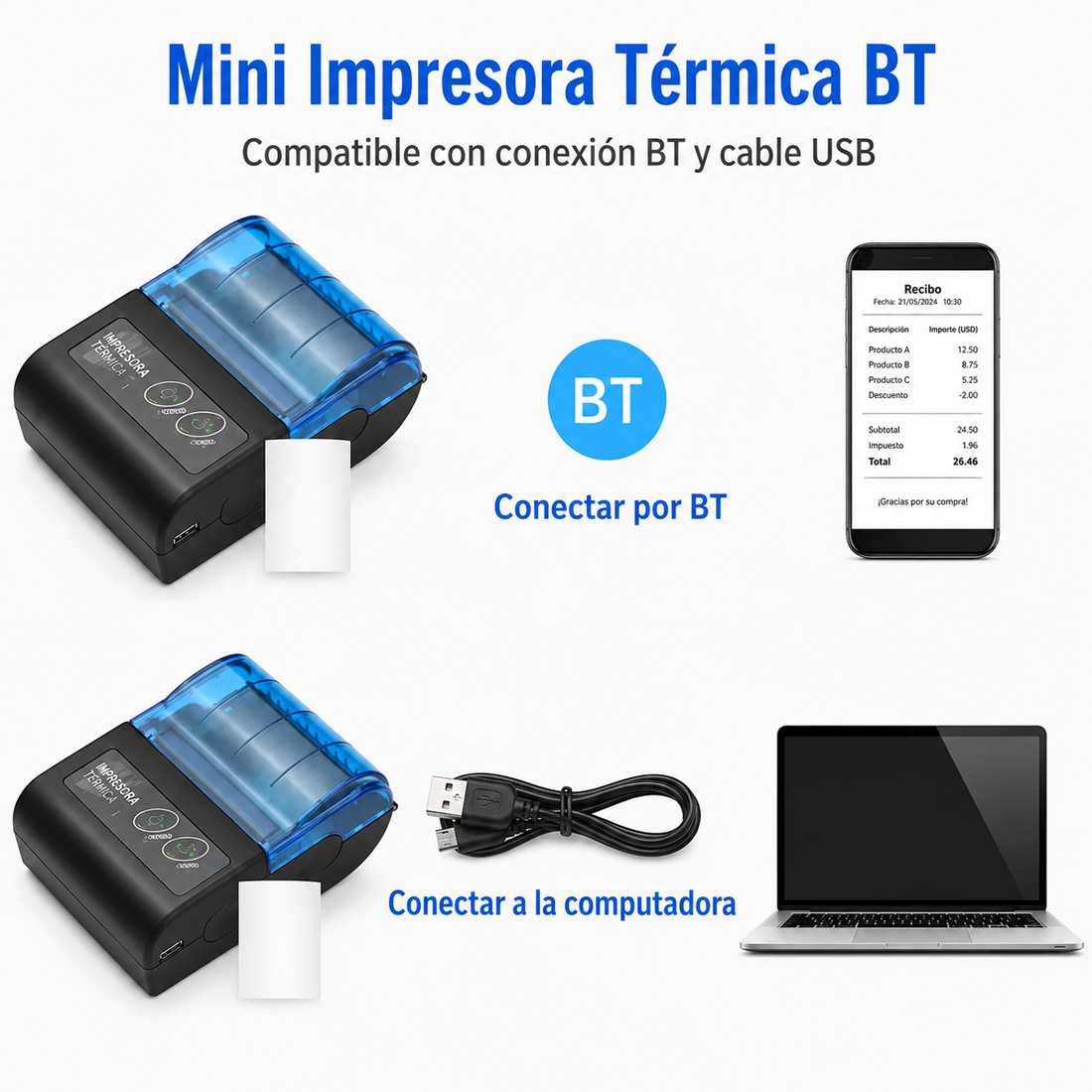 IMPRESORA TÉRMICA 58 MM BLUETOOTH USB PARA CELULAR Y PC - 10