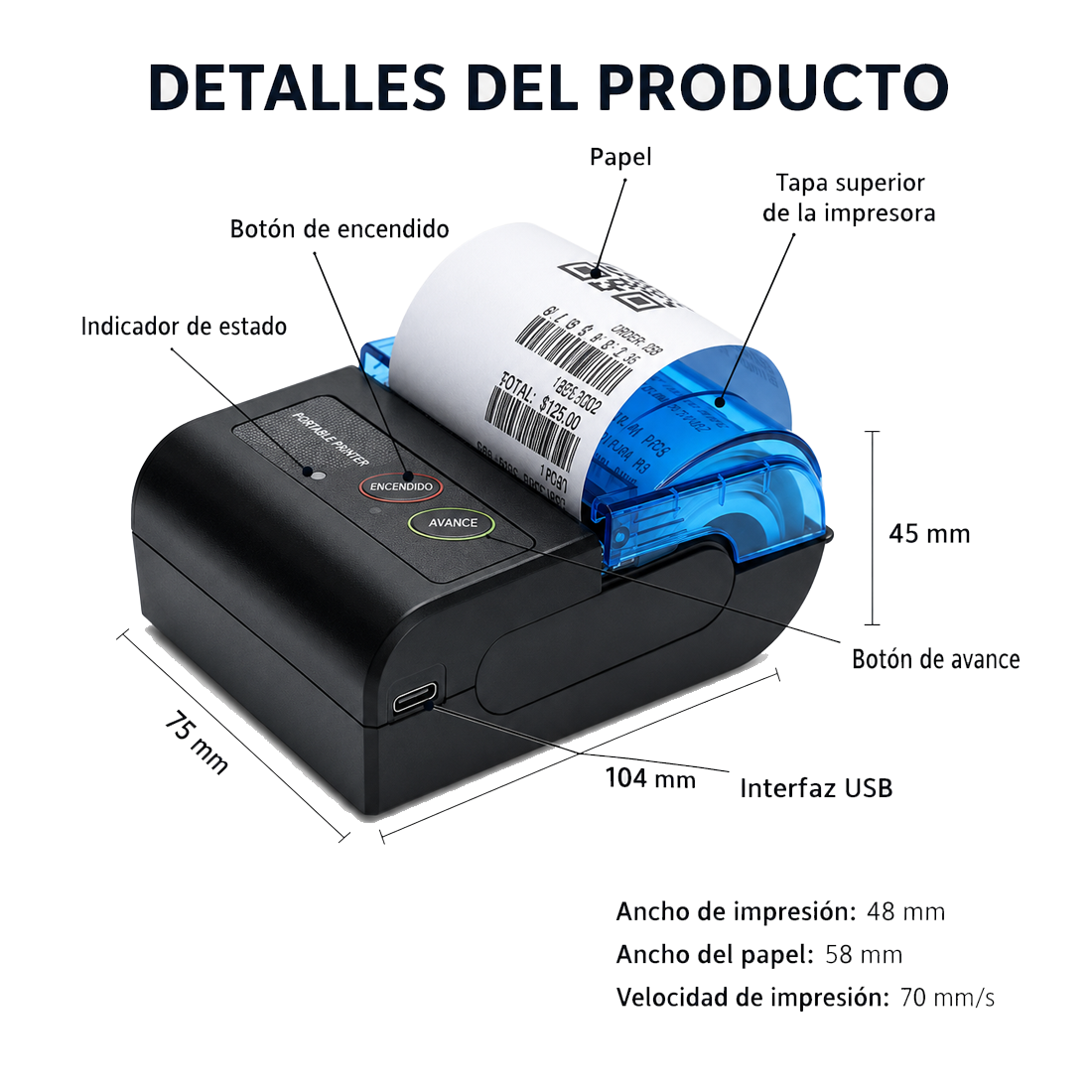 IMPRESORA TÉRMICA 58 MM BLUETOOTH USB PARA CELULAR Y PC - 4