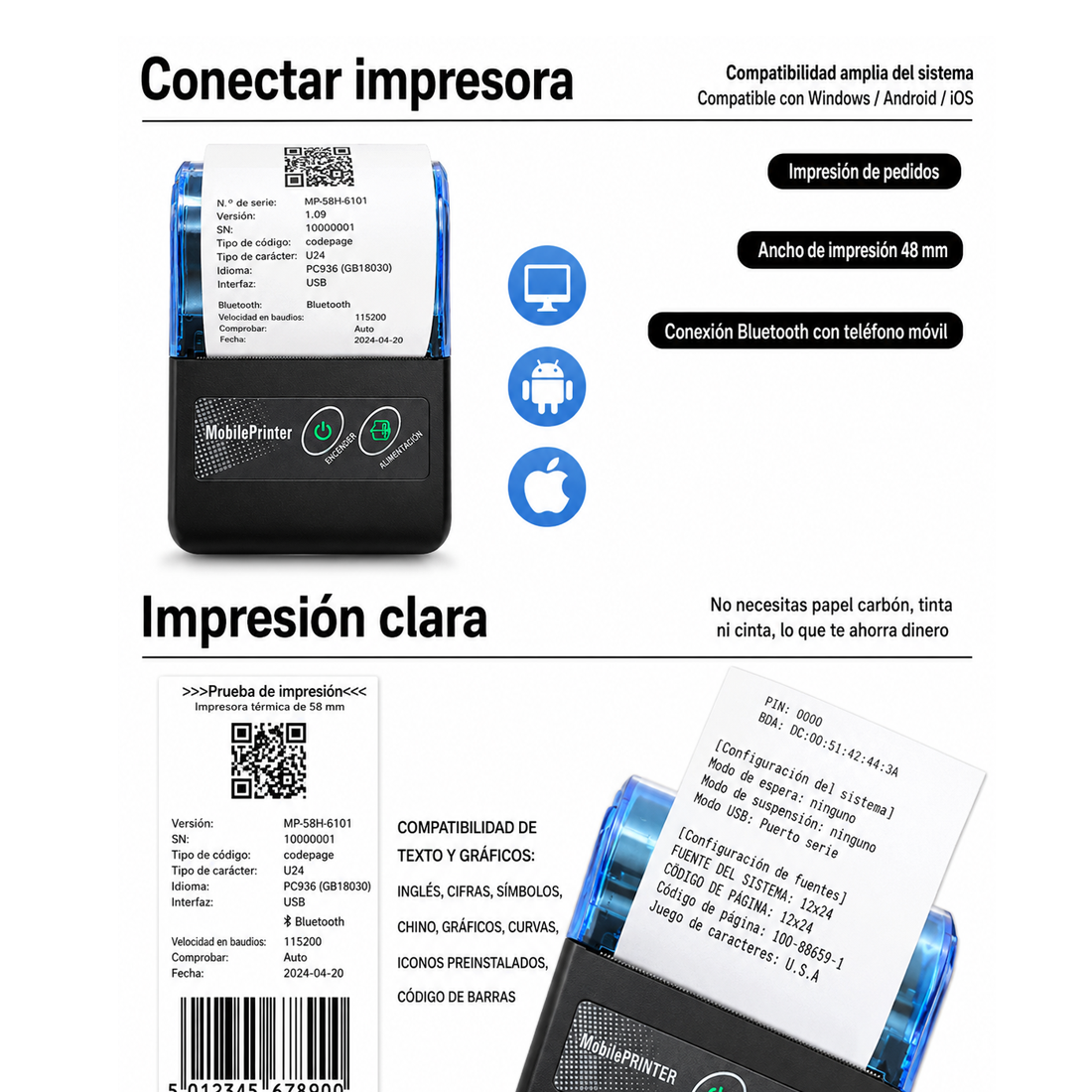 IMPRESORA TÉRMICA 58 MM BLUETOOTH USB PARA CELULAR Y PC - 9