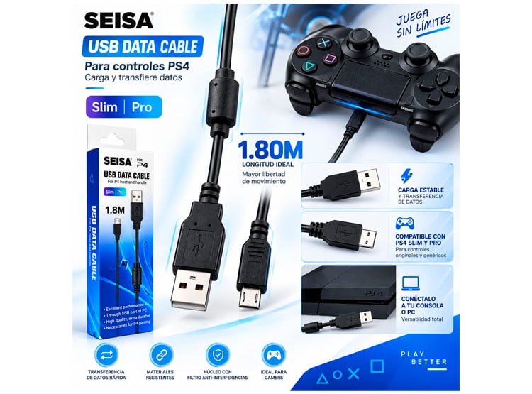 CABLE PS4 XBOXONE MANDO XBOX ONE S/ X 1.8 METROS SEISA PS4_1.8 CARGA - 4