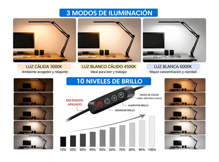 LAMPARA DE ESCRITORIO ARTICULADA LED USB LUZ CALIDA Y FRIA - 4