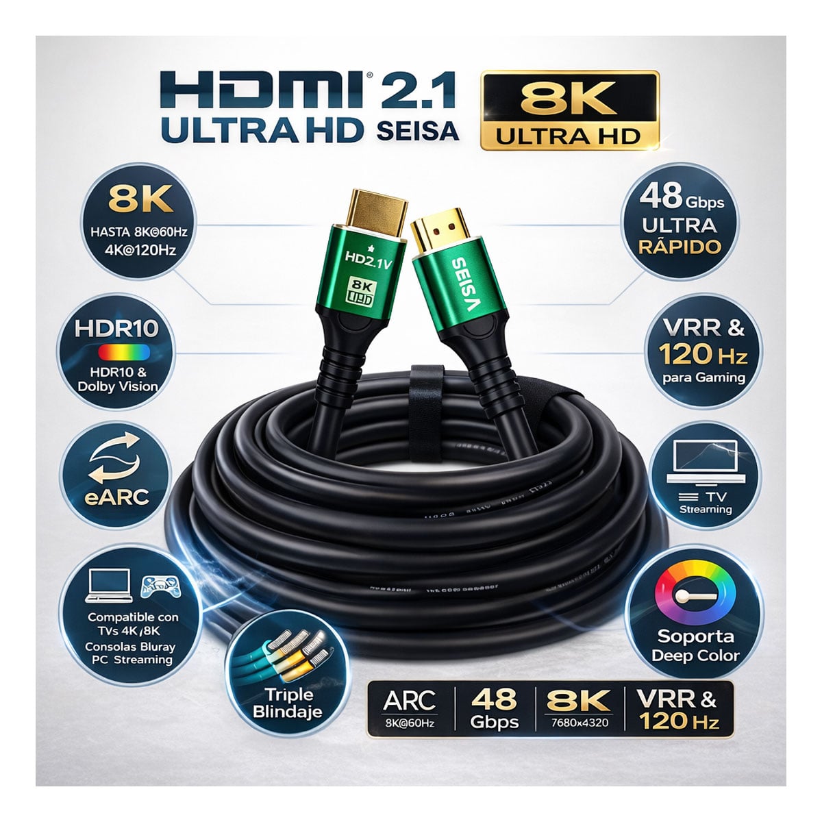CABLE HDMI 2.1 ULTRA 8K HD HDR ALTA VELOCIDAD DE 3 METROS - 3
