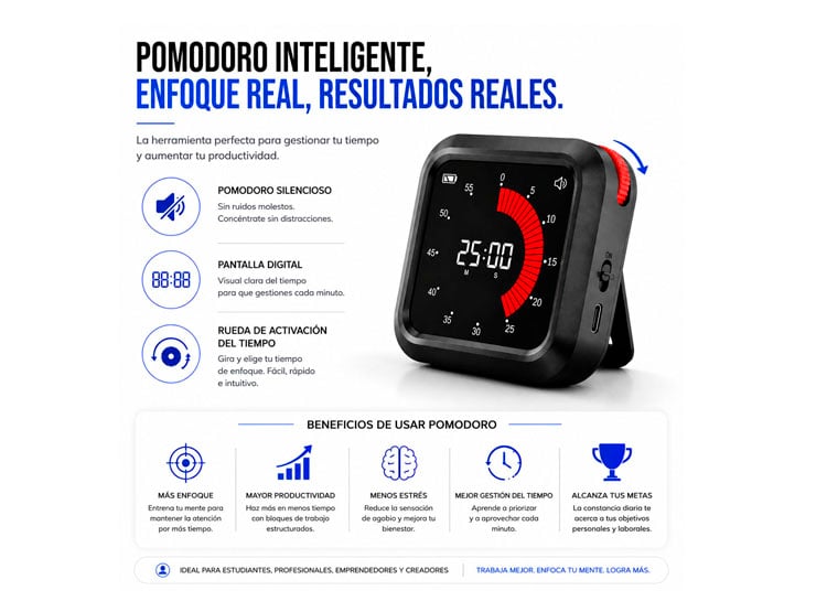 POMODORO DIGITAL INTELIGENTE CON PANTALLA LED PARA PRODUCTIVIDAD Y ENFOQUE - 2