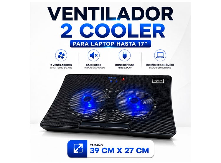 BASE SOPORTE PARA LAPTOP NOTEBOOK HASTA 17' CON DOBLE VENTILACIÓN COOLER LED AZUL - 2