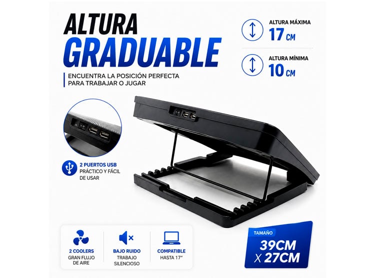 BASE SOPORTE PARA LAPTOP NOTEBOOK HASTA 17' CON DOBLE VENTILACIÓN COOLER LED AZUL - 3