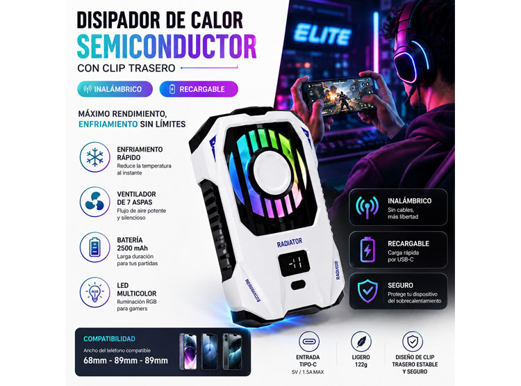 COOLER VENTILADOR PARA TELÉFONO INALÁMBRICO RECARGABLE ENFRIAMIENTO RÁPIDO - 4