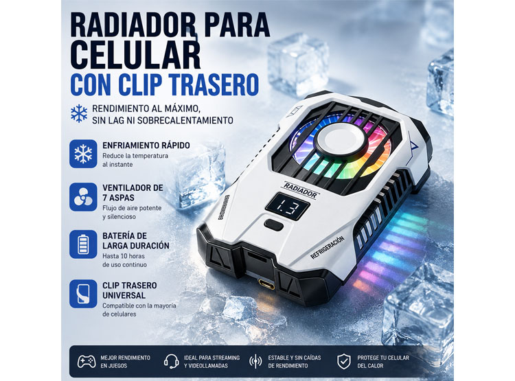 COOLER VENTILADOR PARA TELÉFONO INALÁMBRICO RECARGABLE ENFRIAMIENTO RÁPIDO - 7