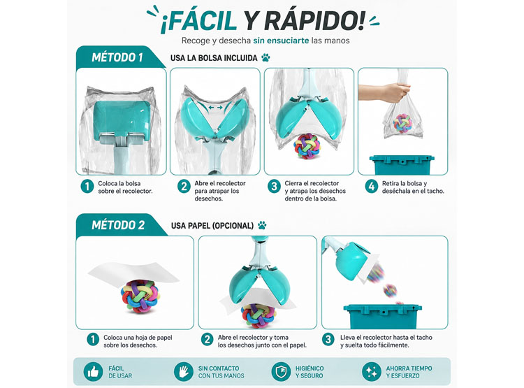 RECOGEDOR DE DESECHOS PARA PERROS MASCOTAS CON BOLSAS DESECHABLES - 2