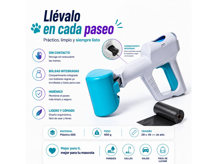 RECOGEDOR DE DESECHOS PARA PERROS MASCOTAS CON BOLSAS DESECHABLES - 5
