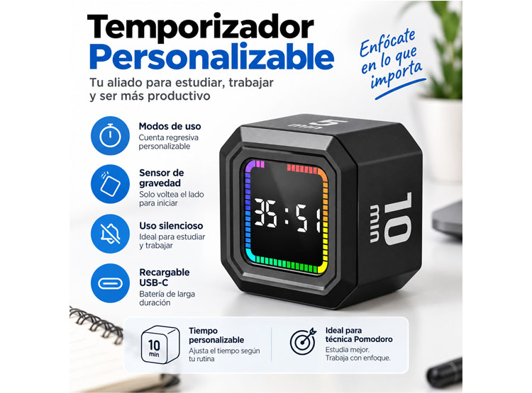 POMODORO DIGITAL INTELIGENTE CON PANTALLA LED PARA PRODUCTIVIDAD Y ENFOQUE CON SENSOR - 6