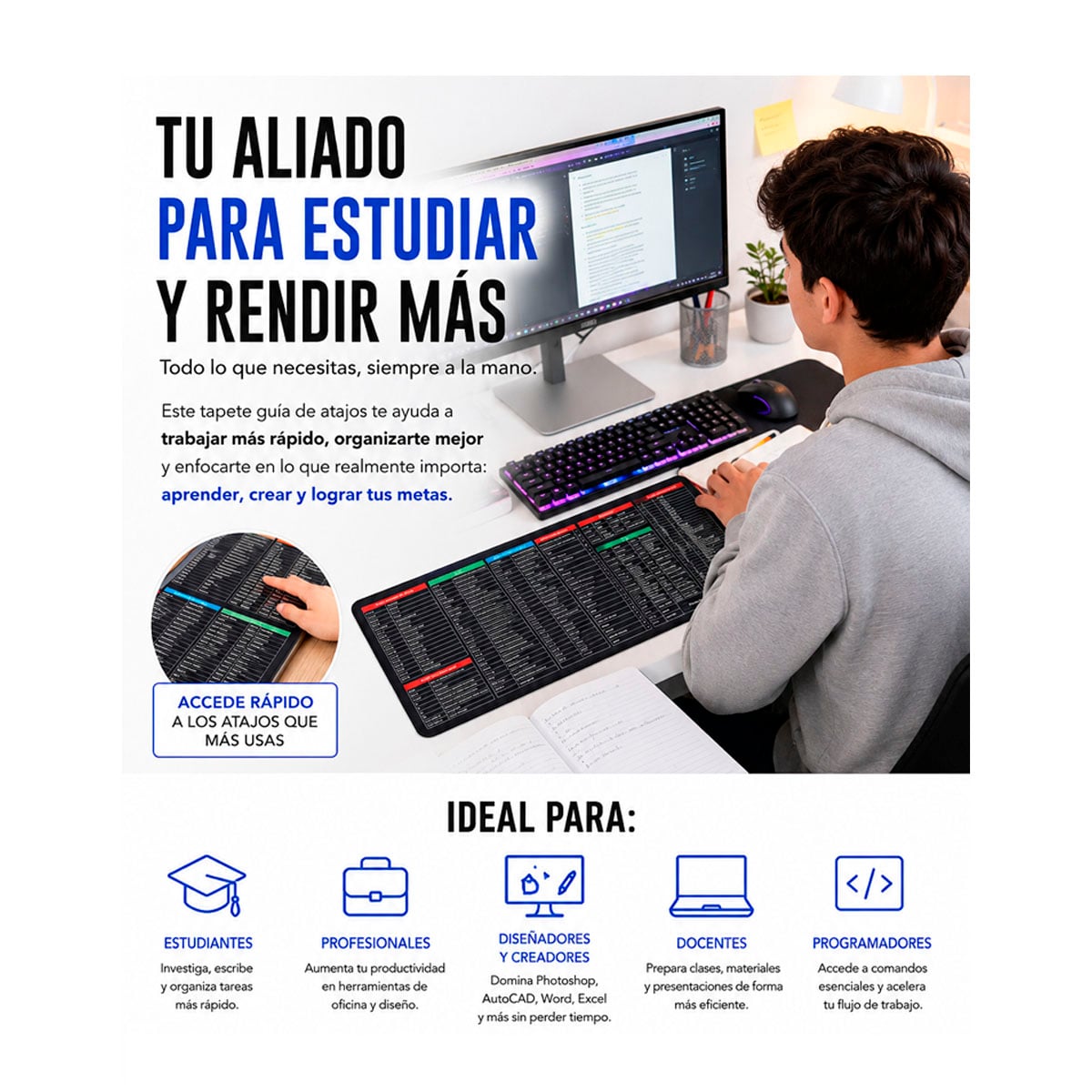 MOUSEPAD ALFOMBRILLA CON ATAJOS EXCEL OFFICE PHOTOSHOP EN ESPAÑOL 80 X 30 CM - 2