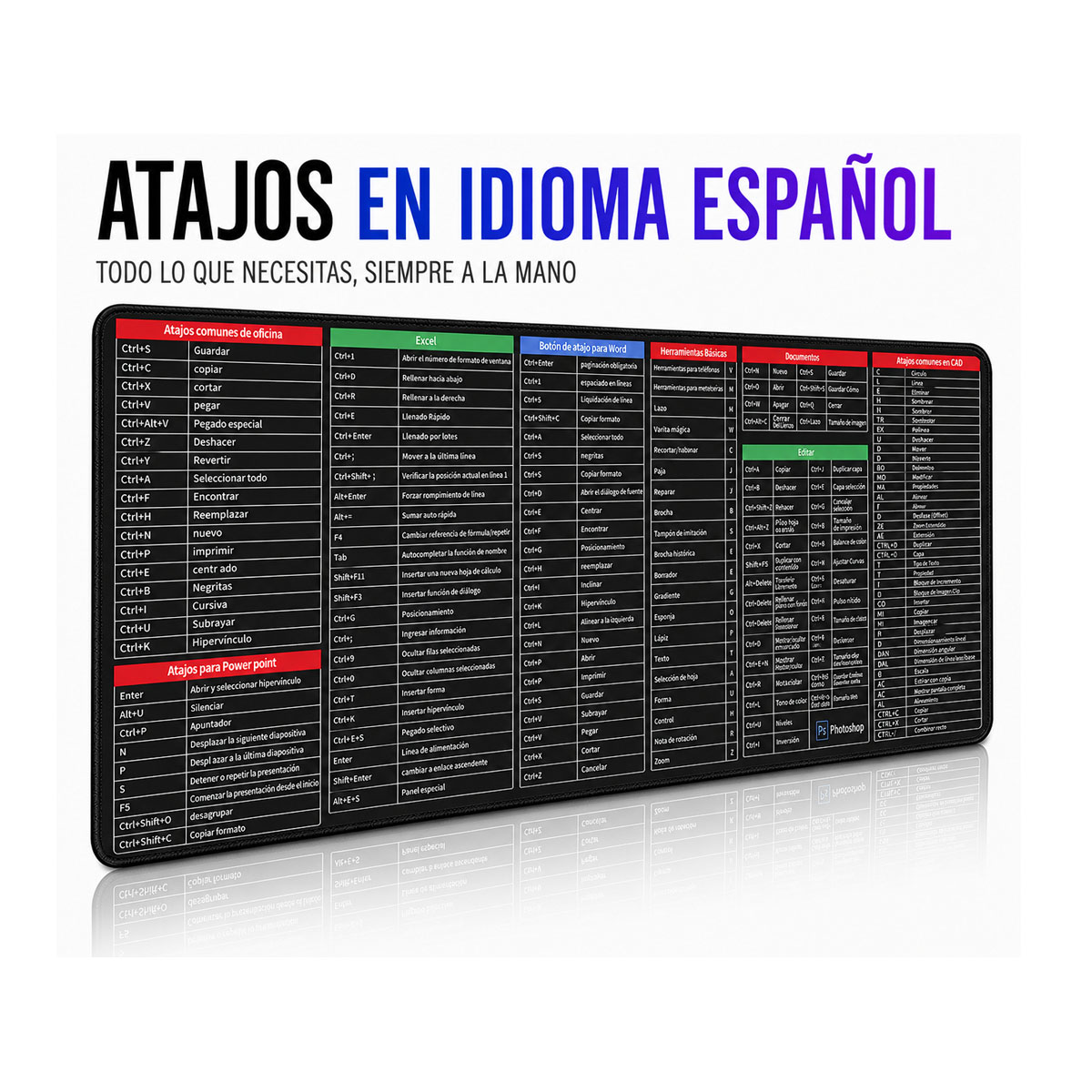 MOUSEPAD ALFOMBRILLA CON ATAJOS EXCEL OFFICE PHOTOSHOP EN ESPAÑOL 80 X 30 CM - 3