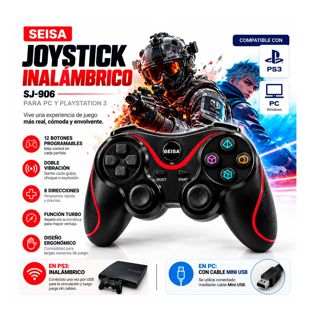CONTROL JOYSTICK PARA PS3 PLAY 3 CON VIBRACION - 2