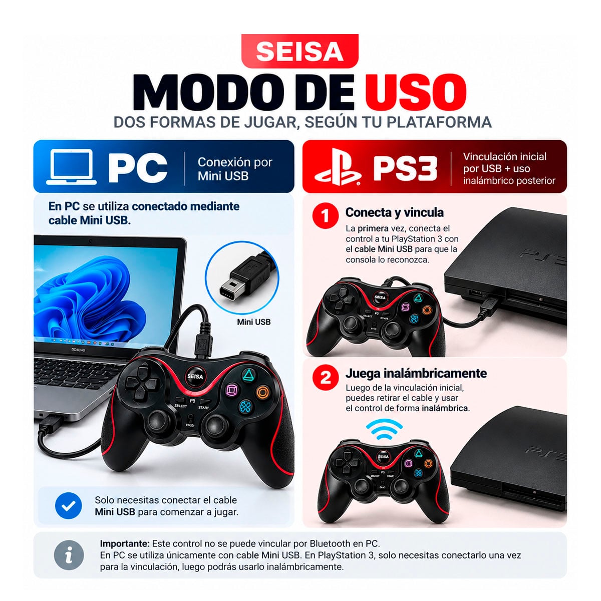 CONTROL JOYSTICK PARA PS3 PLAY 3 CON VIBRACION - 3