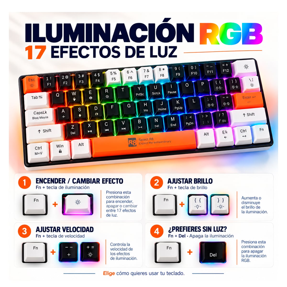 TECLADO MECÁNICO GAMER RGB 60% CONEXIÓN USB CON 17 MODOS DE LUZ - 2