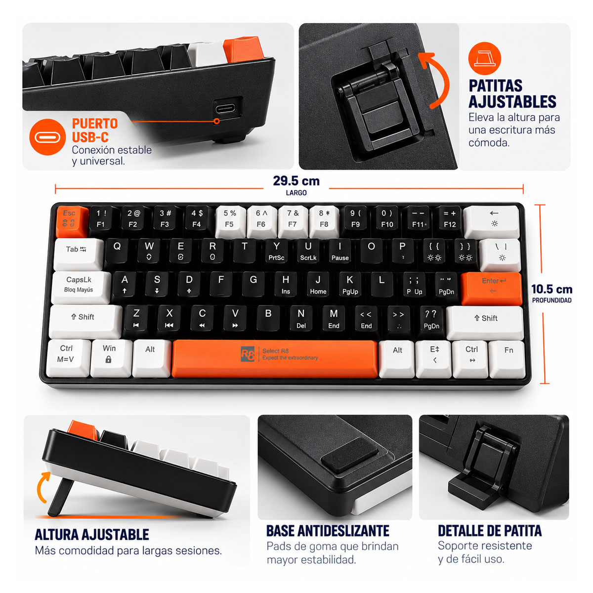 TECLADO MECÁNICO GAMER RGB 60% CONEXIÓN USB CON 17 MODOS DE LUZ - 4