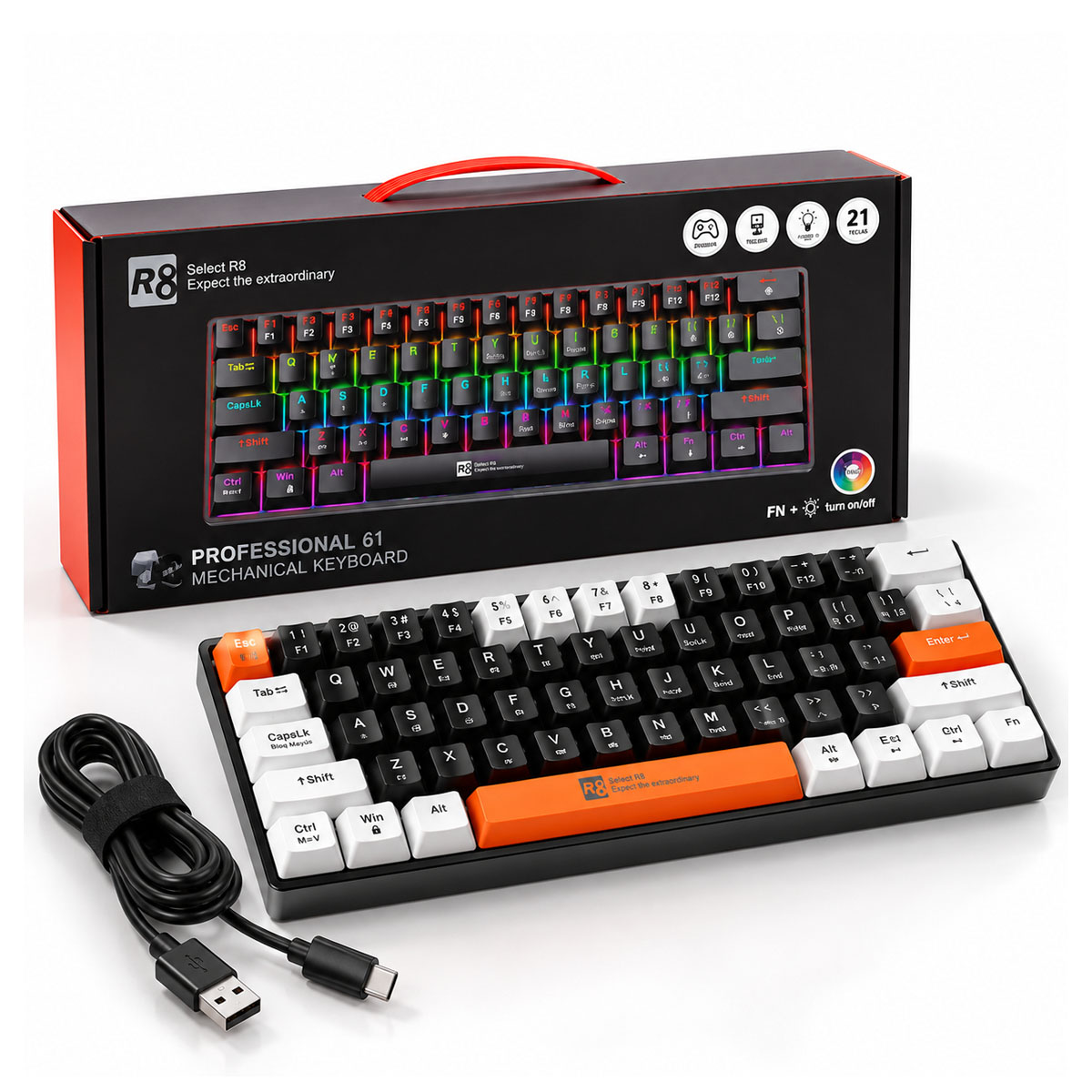 TECLADO MECÁNICO GAMER RGB 60% CONEXIÓN USB CON 17 MODOS DE LUZ - 7