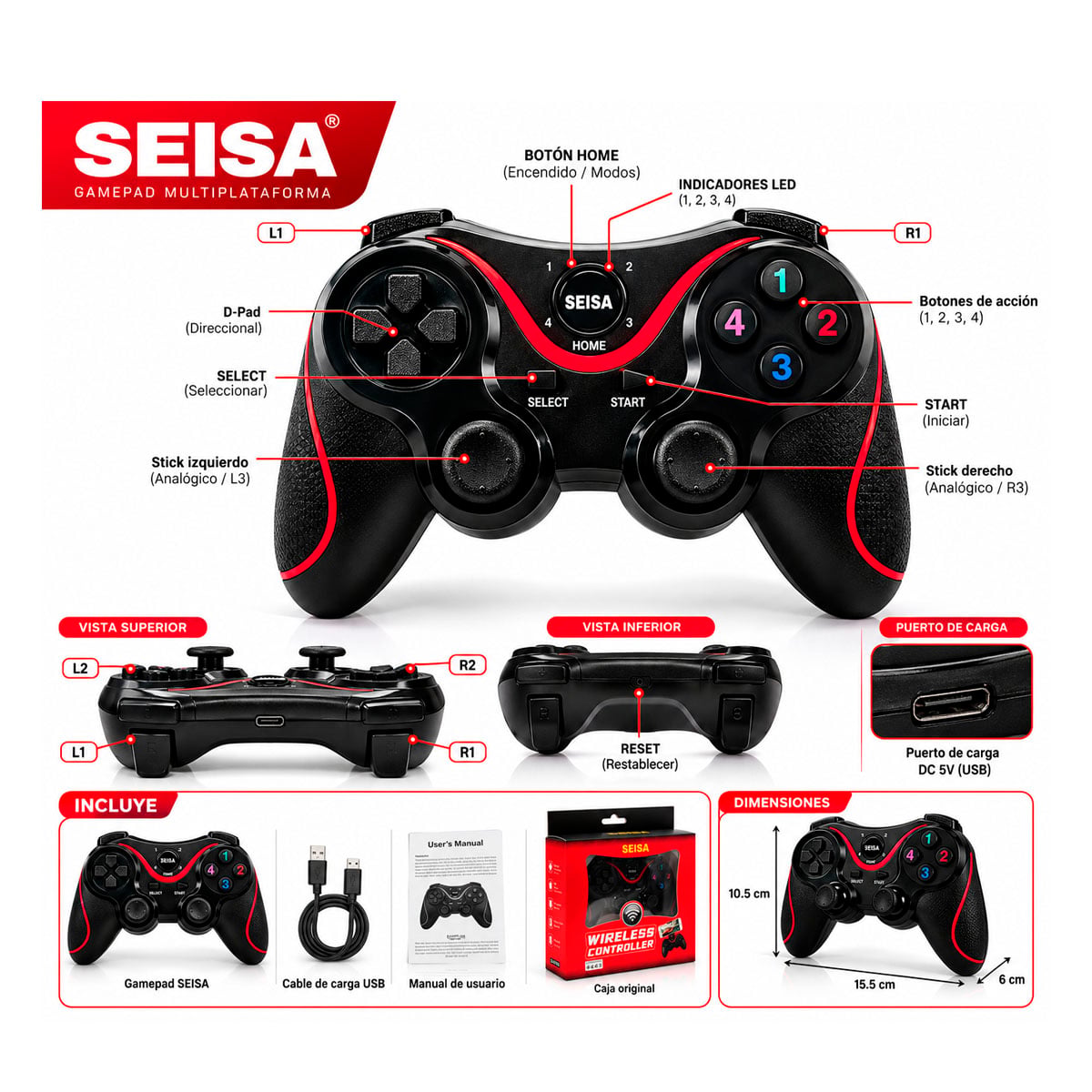 CONTROL JOYSTICK BLUETOOTH PARA TELÉFONO PC SWITCH Y PS3 SEISA - 5