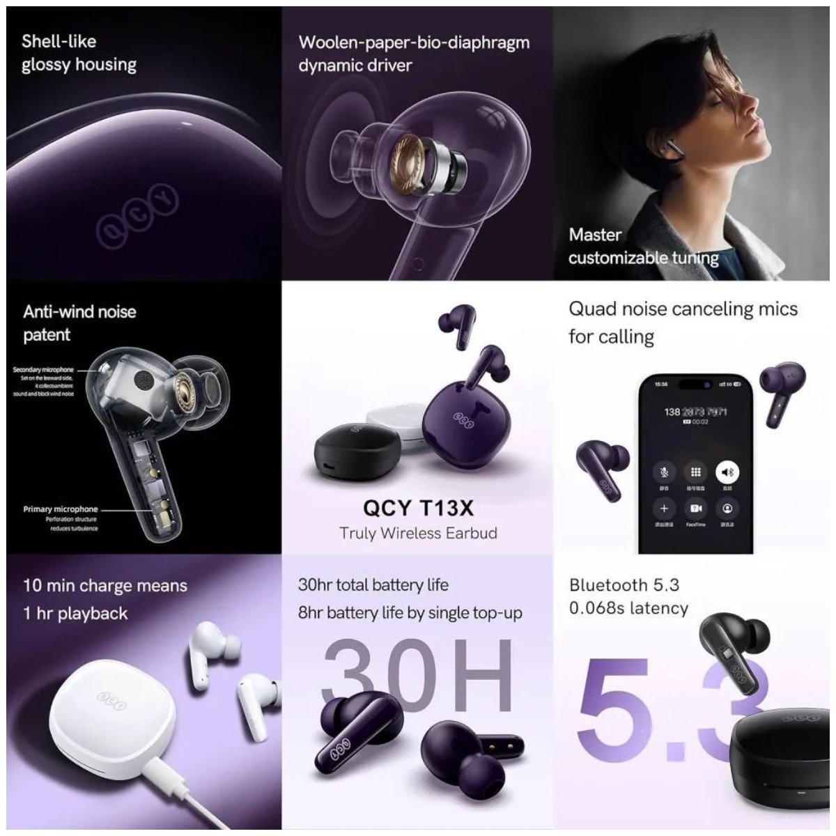AUDÍFONOS QCY T13X BLUETOOTH 5.3 IPX5 TWS ENC - MORADO - 5