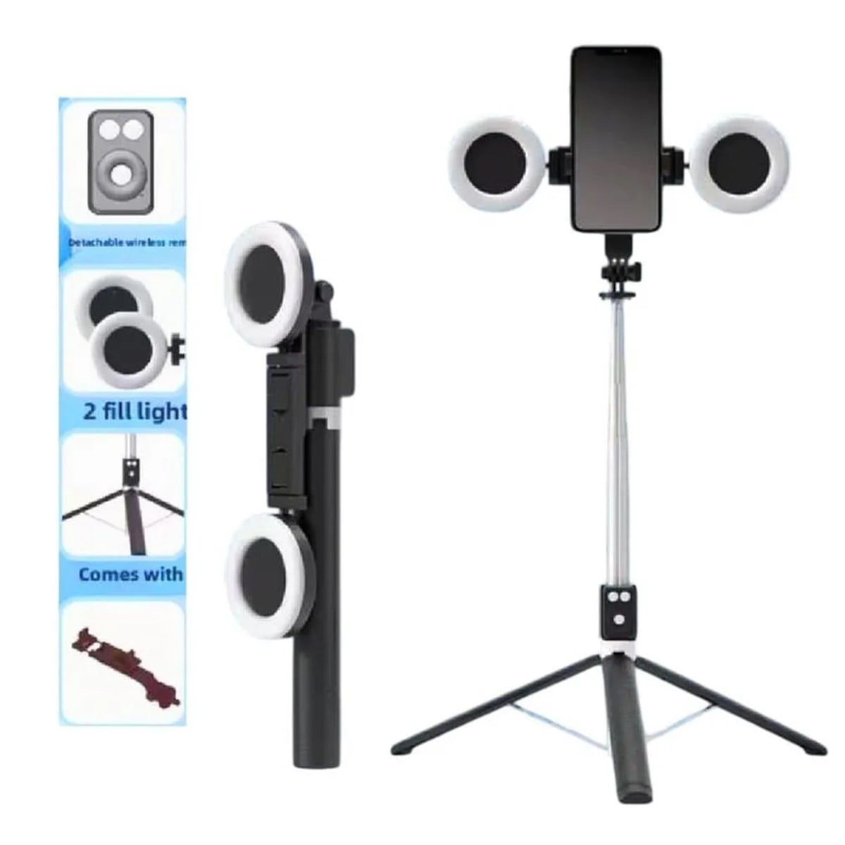 TRÍPODE PALO SELFIE STICK CON CONTROL BLUETOOTH DOBLE ARO LUZ LED 1. 70 MT - 1