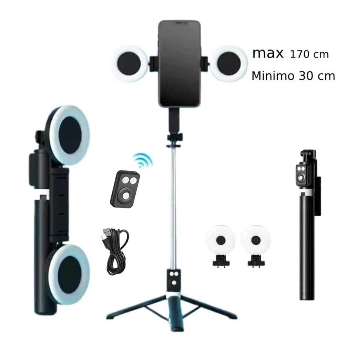 TRÍPODE PALO SELFIE STICK CON CONTROL BLUETOOTH DOBLE ARO LUZ LED 1. 70 MT - 2