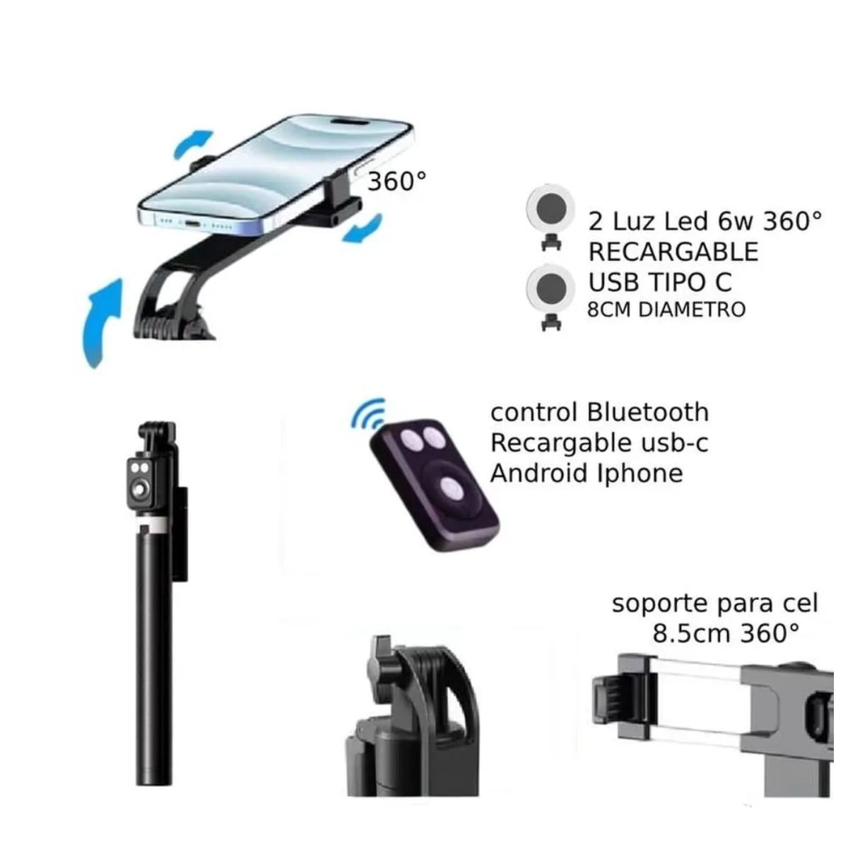 TRÍPODE PALO SELFIE STICK CON CONTROL BLUETOOTH DOBLE ARO LUZ LED 1. 70 MT - 4