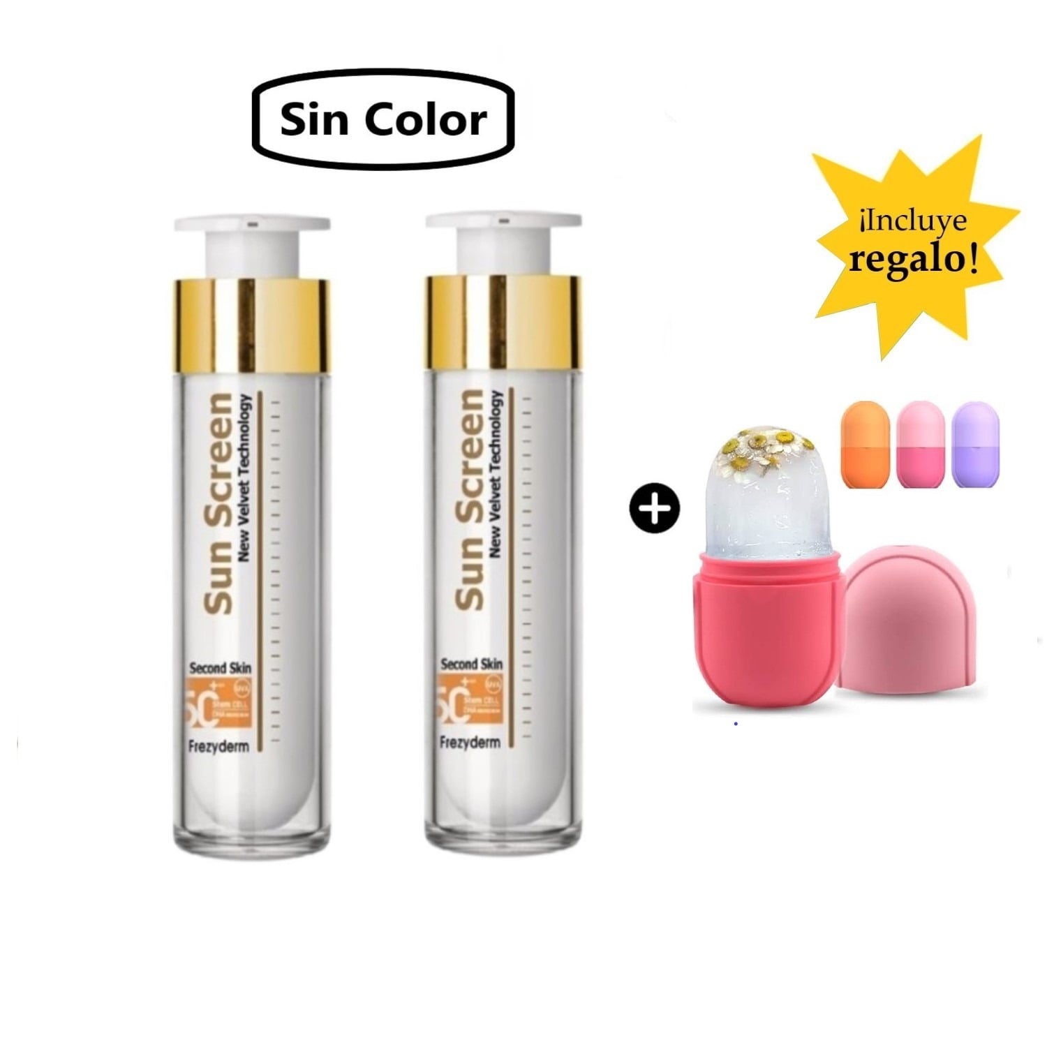 PACK X2 FREZYDERM FOTOPROTECTOR SUN SCREEN 50ML  SIN COLOR + RODILLO FACIAL HIELO PARA ROSTRO - 1
