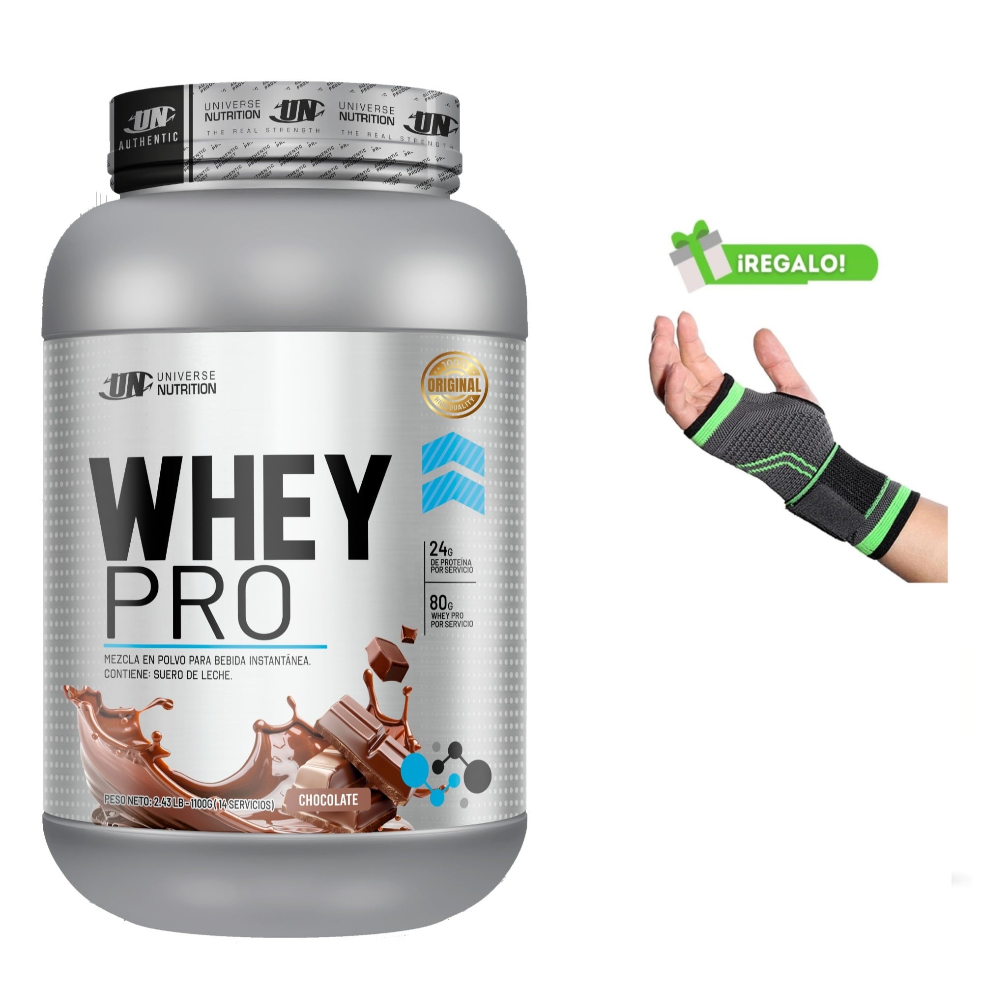 PROTEÍNA WHEY PRO 1.1 KG CHOCOLATE +MUÑEQUERA - 1