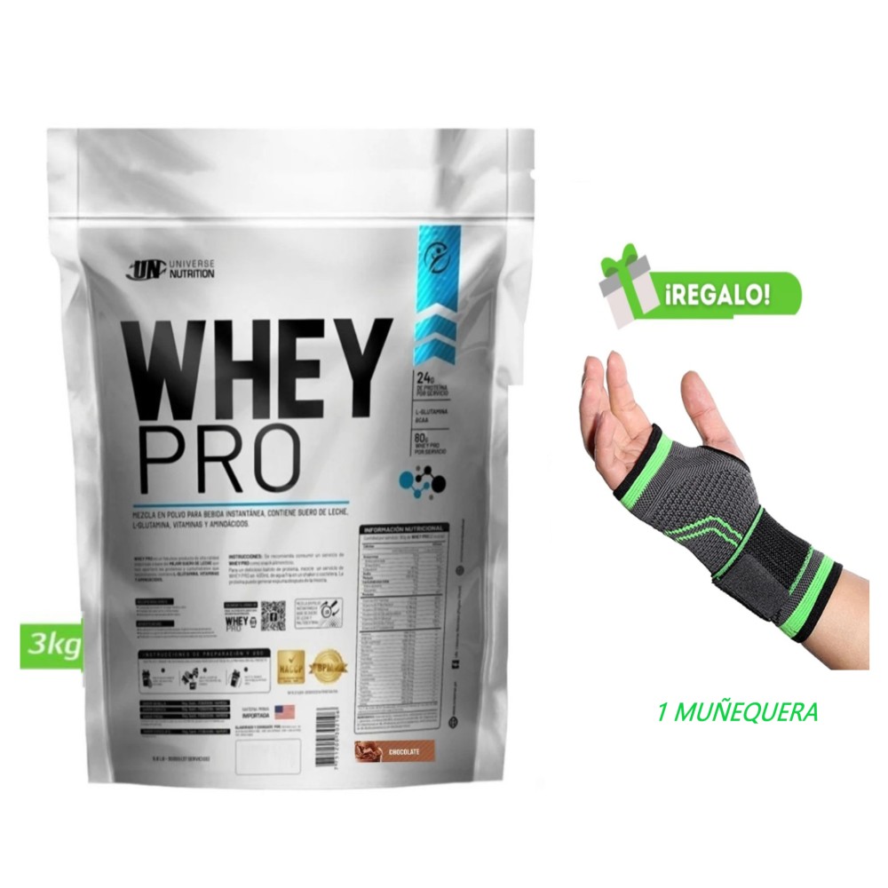 PROTEÍNA WHEY PRO 3 KG CHOCOLATE + MUÑEQUERA - 1