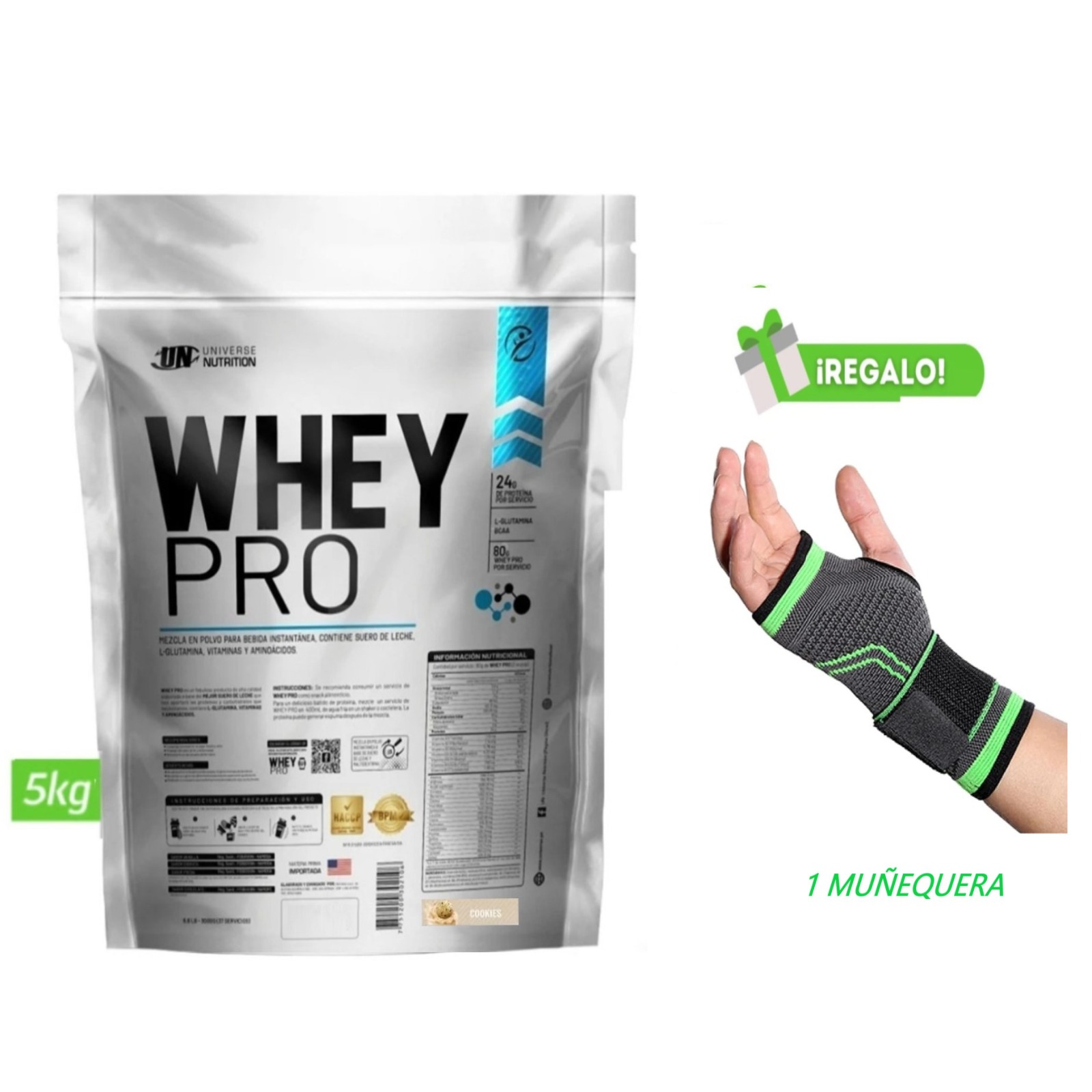 PROTEÍNA WHEY PRO 5 KG COOKIES + MUÑEQUERA - 1
