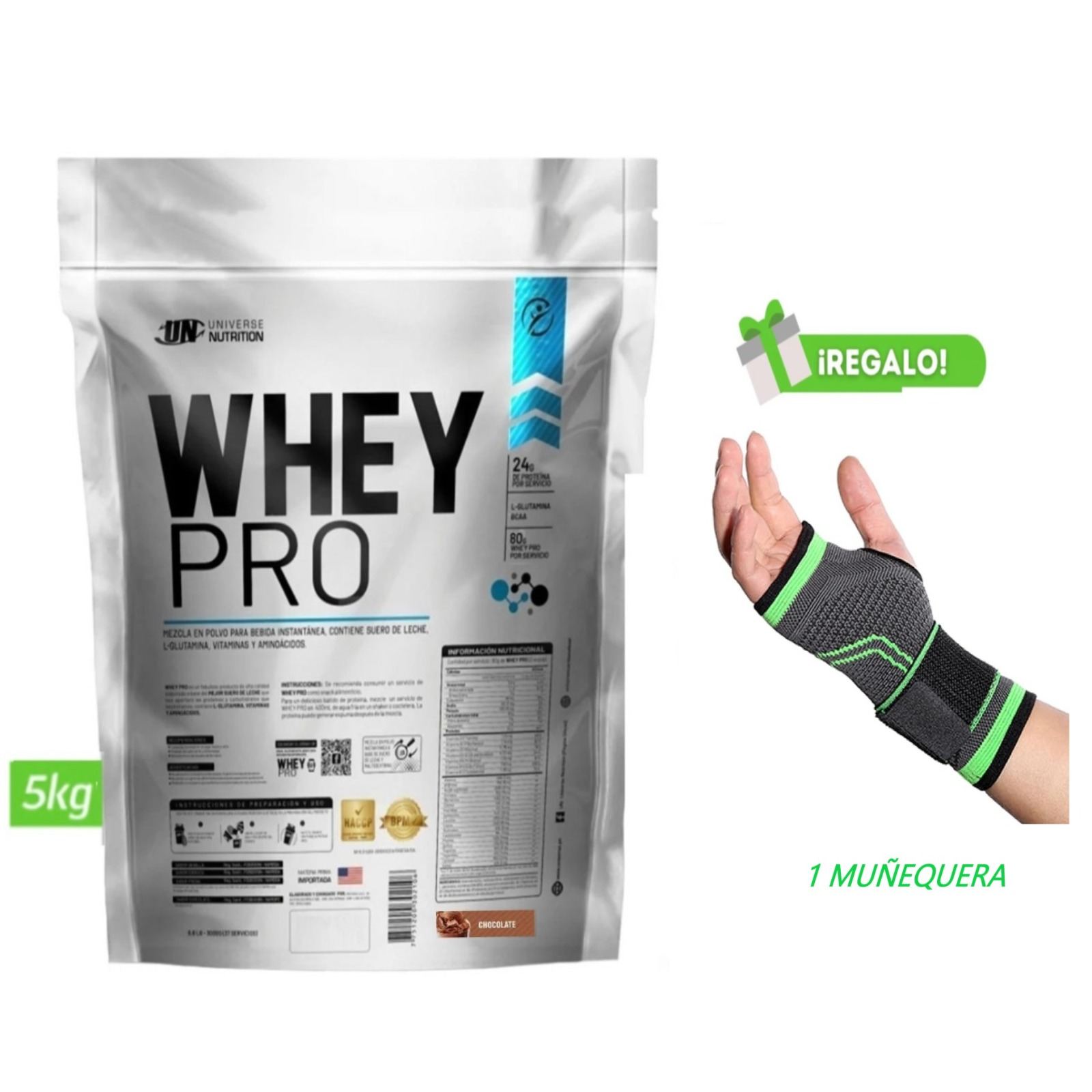 PROTEÍNA WHEY PRO 5 KG CHOCOLATE + MUÑEQUERA - 1