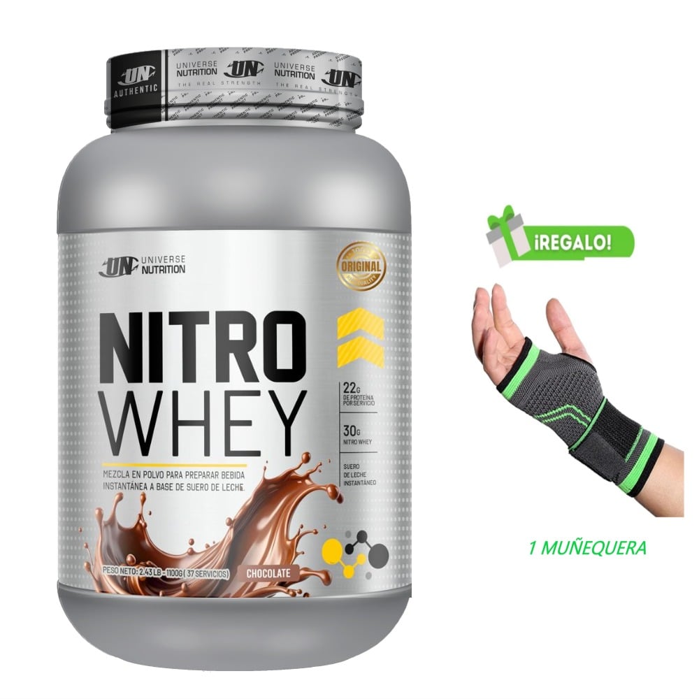 PROTEÍNA NITRO WHEY 1. 1 KG CHOCOLATE + MUÑEQUERA - 1