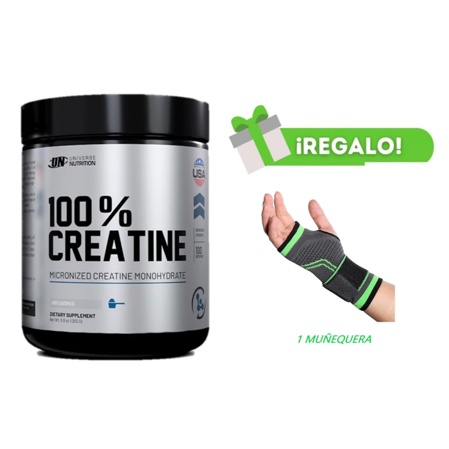 CREATINA MONOHIDRATADA 100% 250G UNIVERSE NUTRITION + MUÑEQUERA - 1