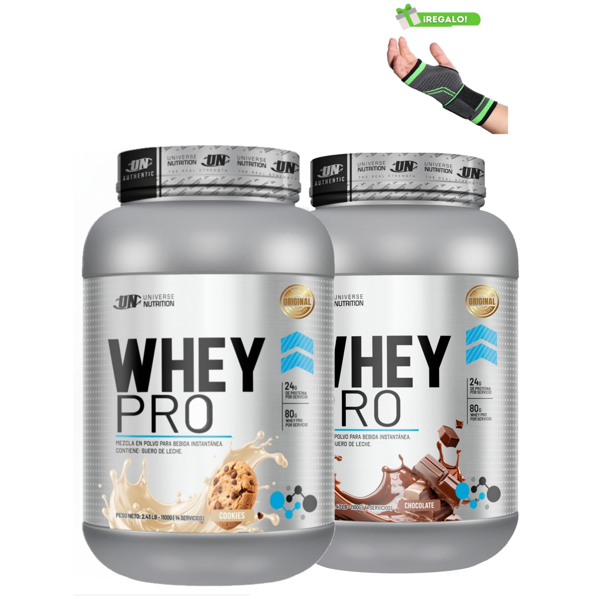 PACK X2 PROTEÍNAS WHEY PRO 1.1 KG SABOR COOKIES Y CHOCOLATE + MUÑEQUERA - 1