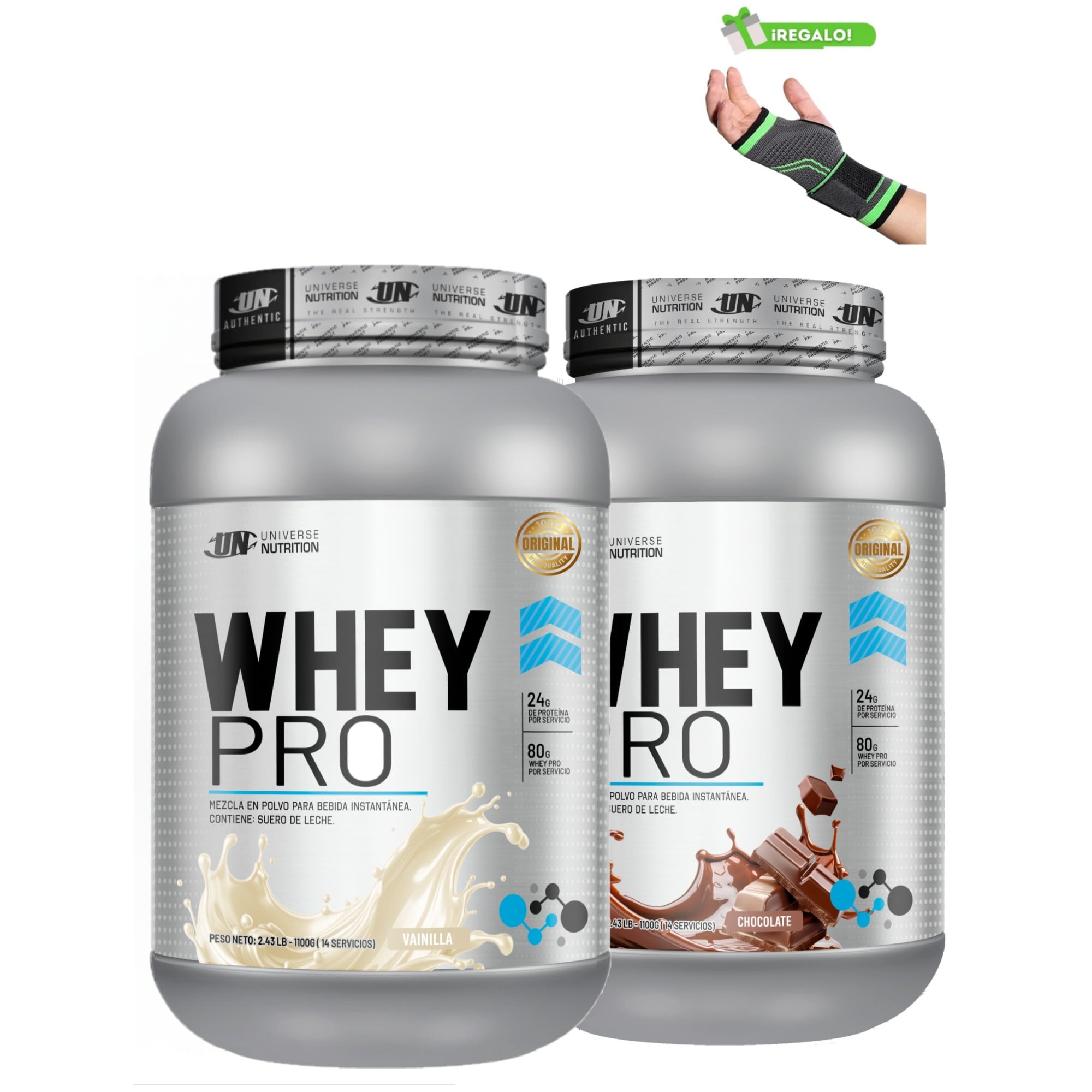 PACK X2 PROTEÍNAS WHEY PRO 1.1 KG SABOR VAINILLA Y CHOCOLATE + MUÑEQUERA - 1