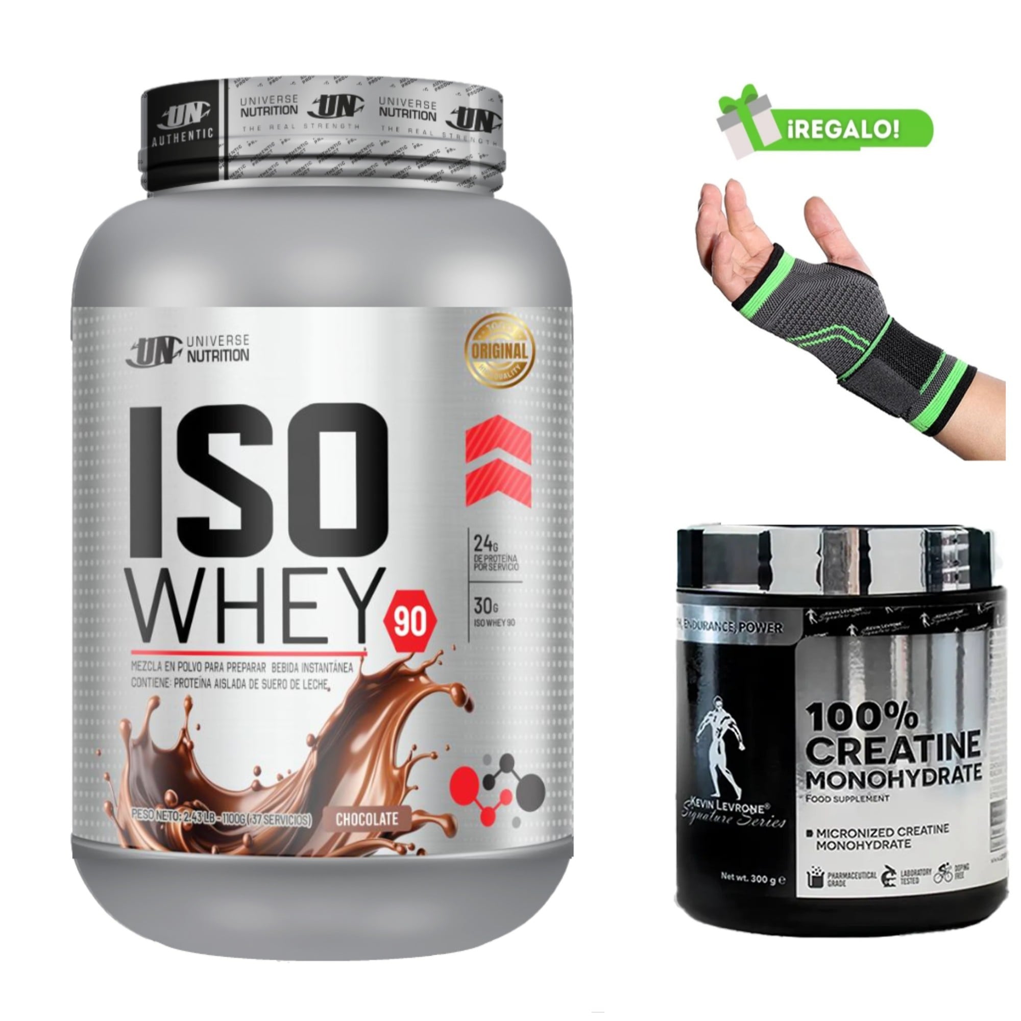 PROTEÍNA ISO WHEY  1.1 KG CHOCOLATE + CREATINA KEVIN LEVRONE 300GR +MUÑEQUERA - 1