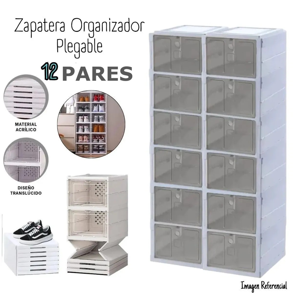 ESTANTE ORGANIZADOR ZAPATERA 12 PARES 6 NIVELES  ACRILICO CON PUERTA MAGNETICA - 2