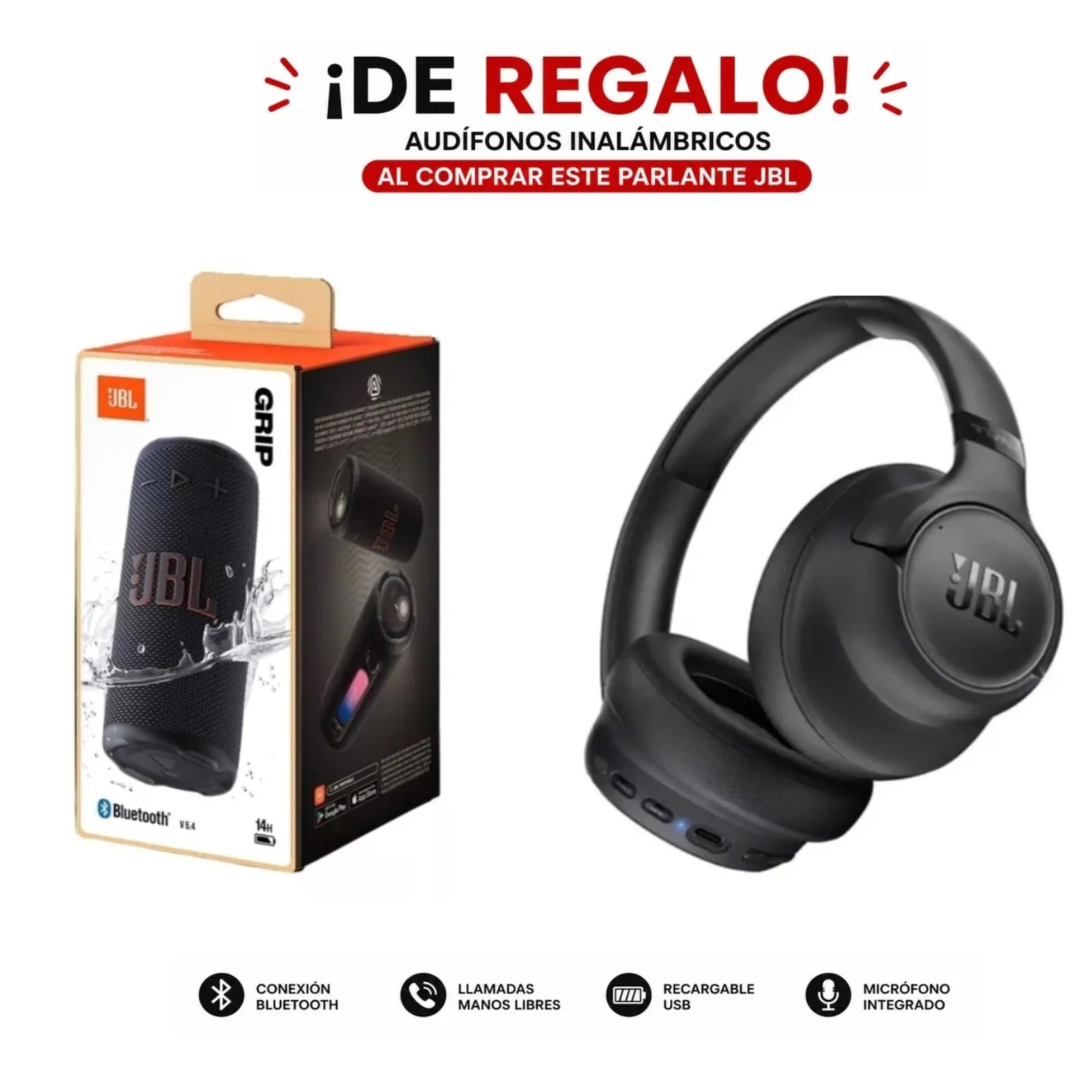 PACK JBL TUNE 720 BT  AUDIFONOS + PARLANTE JBL GRIP NEGRO - 1