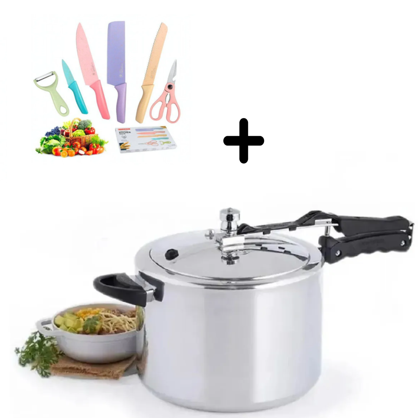 OLLA A PRESION DE ACERO UNIVERSAL 7 LITROS + SED DE CUCHILLOS 6 PIEZAS - 1