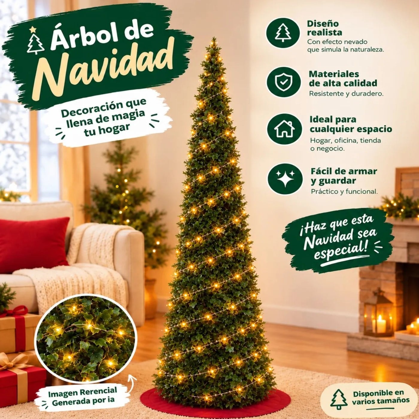 ÁRBOL DE NAVIDAD  PLEGABLE  ARMADO 1 MINUTO COLOR VERDE 1.80 MT + REGALO LUCES - 1
