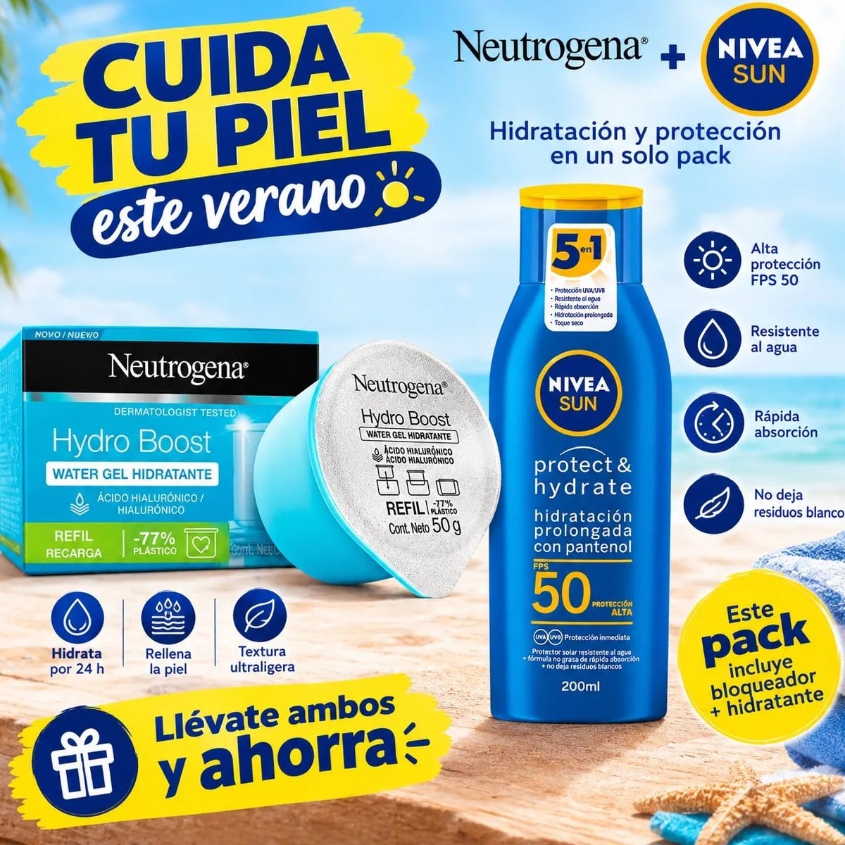 BLOQUEADOR SOLAR NIVEA PROTECT Y HYDRATE FPS 50 FRASCO 200ML + NEUTROGENA REFILL 50G - 1