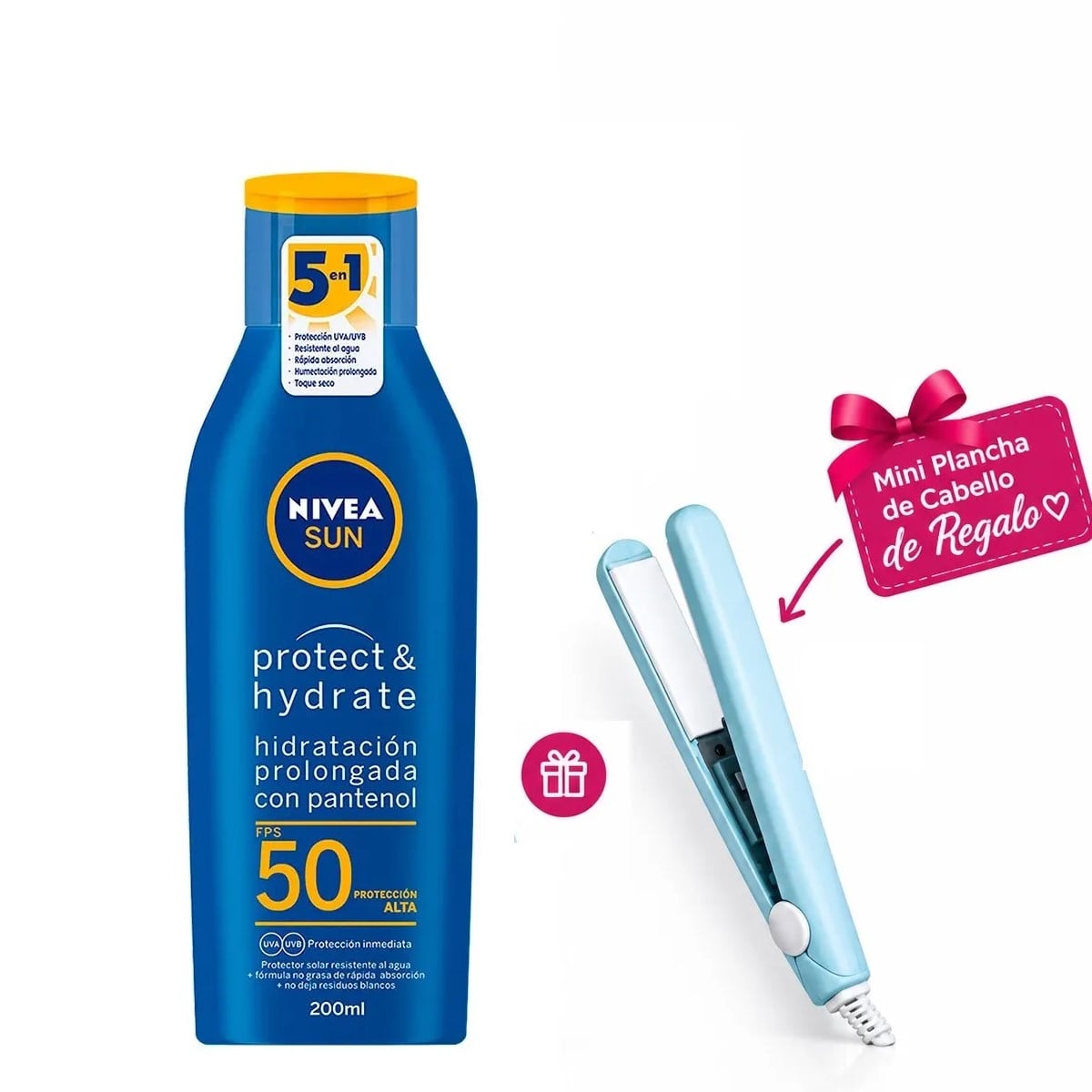 BLOQUEADOR SOLAR NIVEA PROTECT Y HYDRATE FPS 50 FRASCO 200ML + MINI PLANCHA CABELLO COLOR ALEATORIO - 1