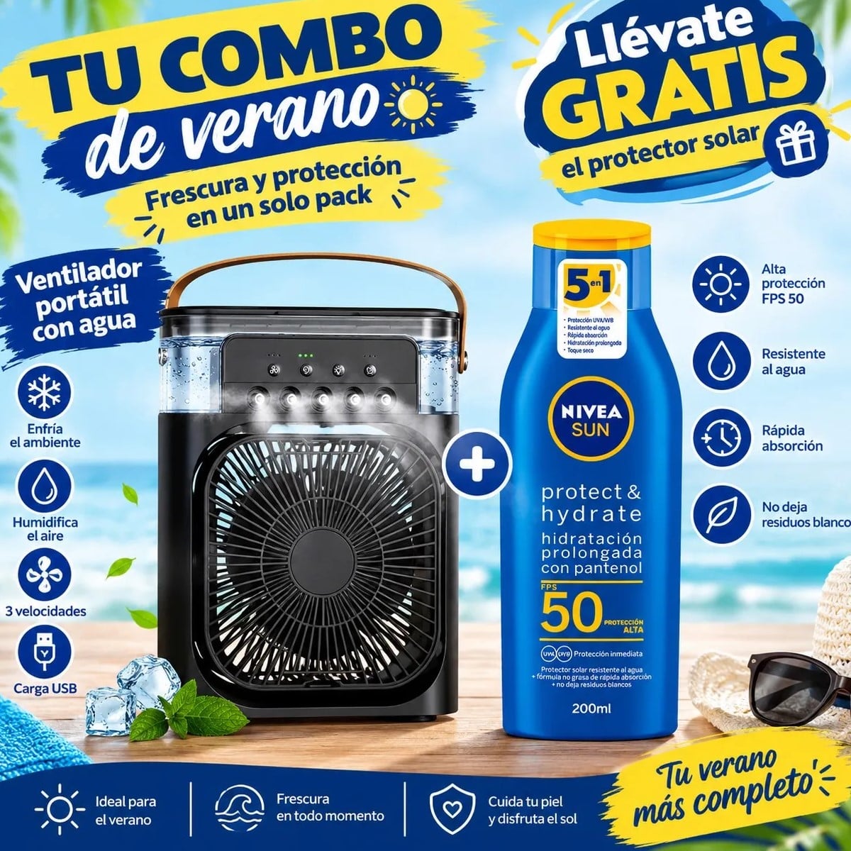 VENTILADOR Y AIRE ACONDICIONADO 2 EN 1 COLOR  ALEATORIO + BLOQUEADOR SOLAR NIVEA FPS 50 200ML - 1