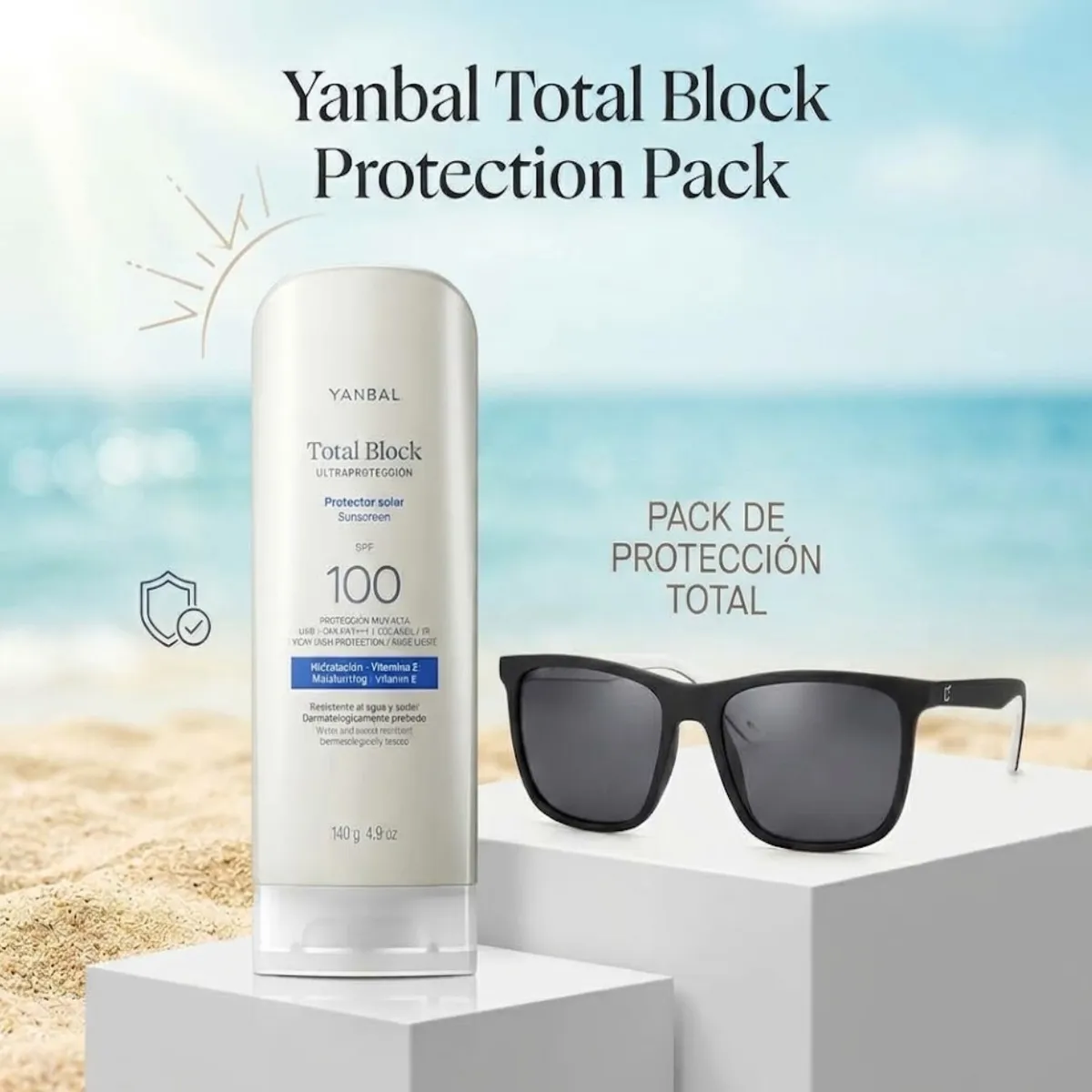 PROTECTOR SOLAR TOTAL BLOCK ULTRAPROTECCIÓN SPF 100 JUMBO 140GR + LENTES - 1