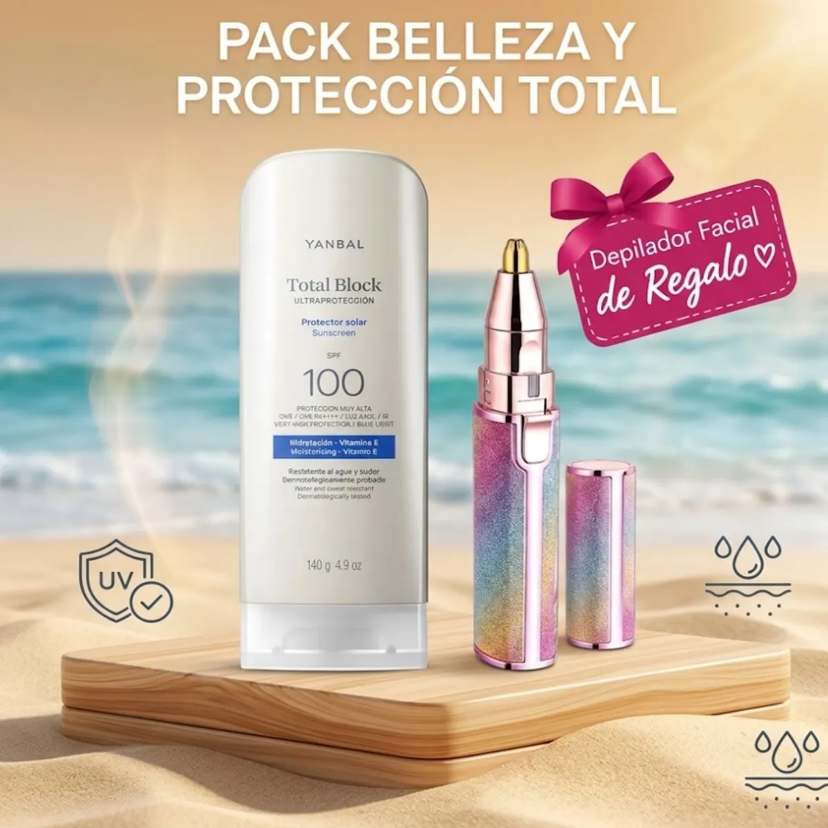 PROTECTOR SOLAR TOTAL BLOCK ULTRAPROTECCIÓN SPF 100 JUMBO 140GR + DEPILADOR 2 EN 1 - 1