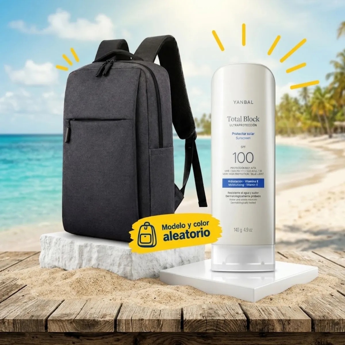 PROTECTOR SOLAR TOTAL BLOCK ULTRAPROTECCIÓN SPF 100 JUMBO 140GR + MOCHILA PORTALAPTOP ALEATORIO - 1